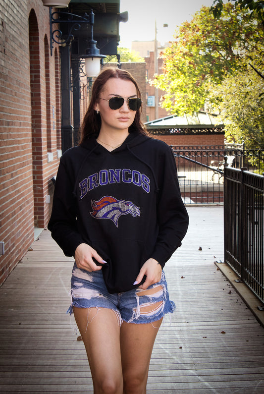 Denver Broncos Black Hoodie, Rhinestone Bling Broncos Sweatshirt