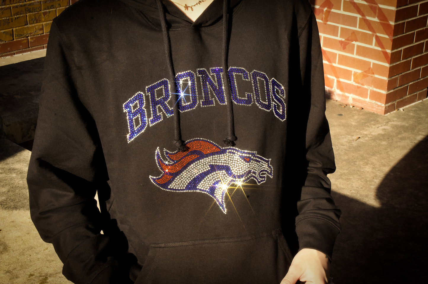 Denver Broncos Black Hoodie, Rhinestone Bling Broncos Sweatshirt